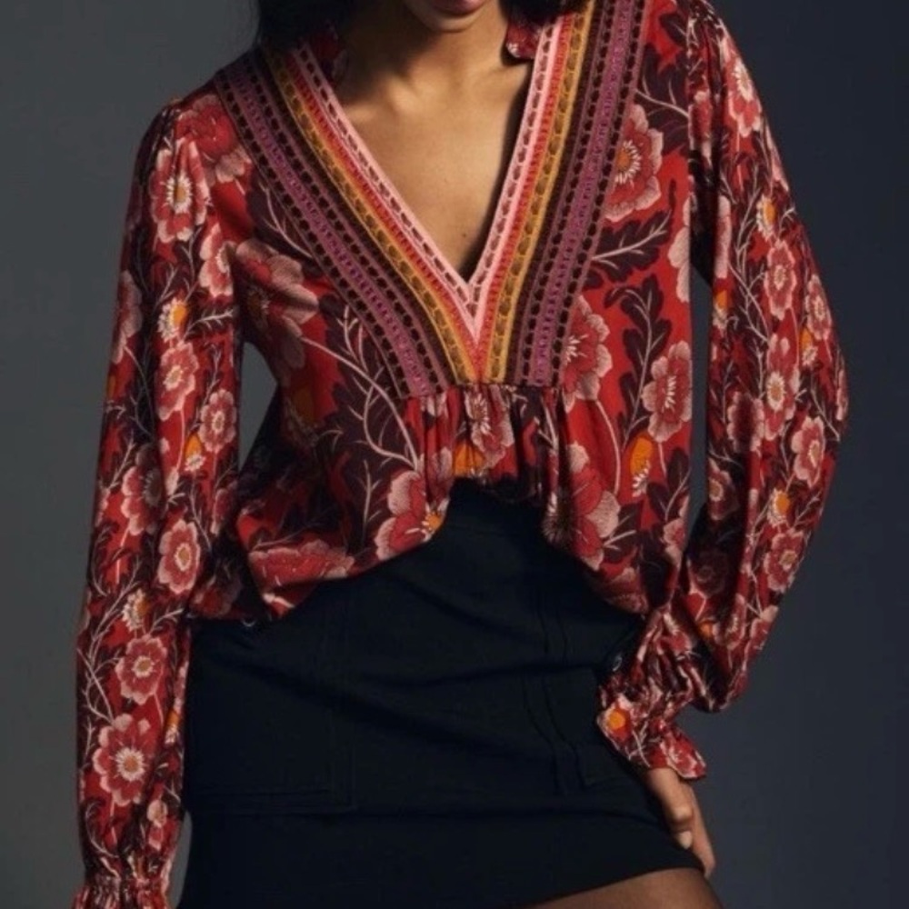 Bohemian V-Neck Floral Blouse in Deep Red